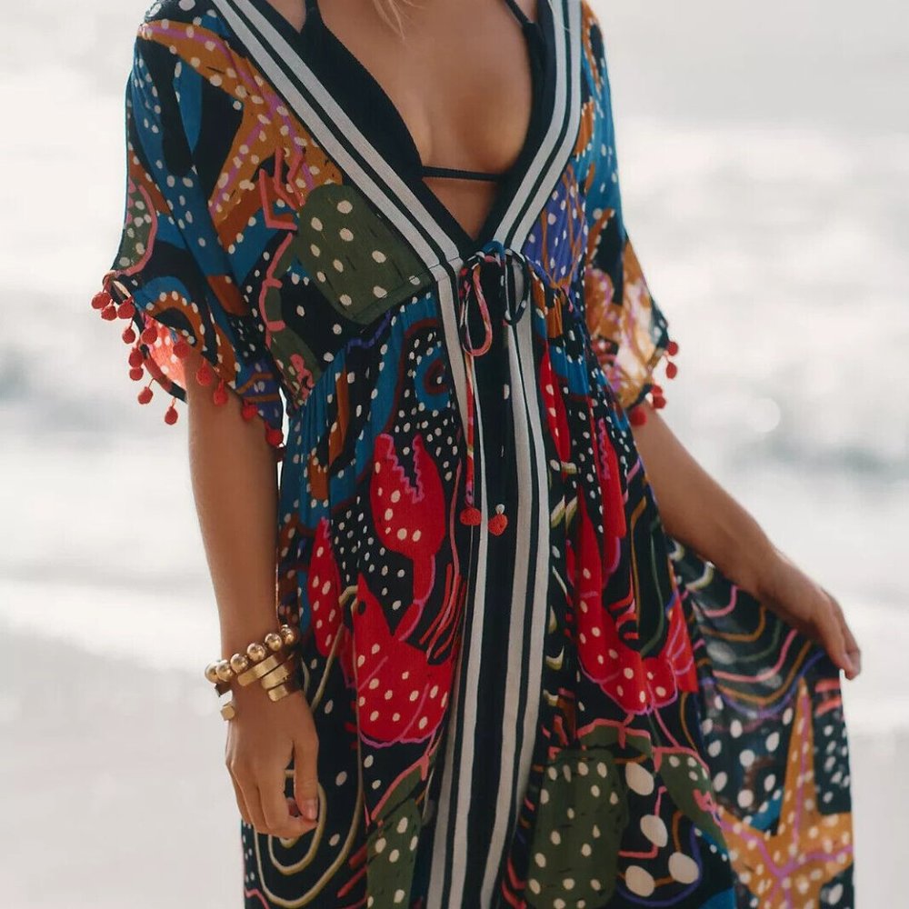 NWT Anthropologie FARM RIO Under the Sea Lobster Print Tasseled Cover-Up